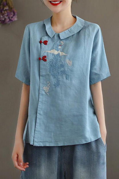 Embroidered Turn Down Collar Linen Retro T-shirt