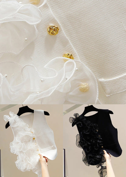 White V Neck Button Tulle Patchwork Cotton Waistcoat Sleeveless