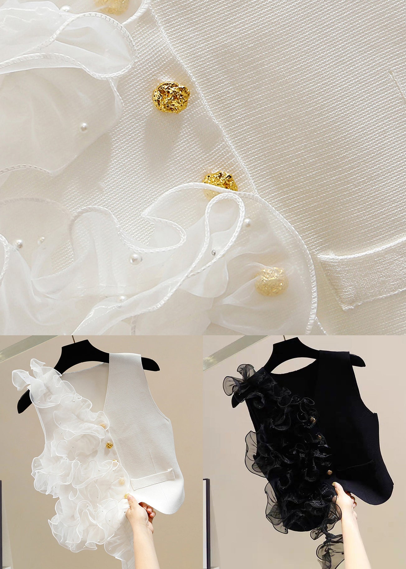 Black Ruffled Tulle Patchwork Cotton Waistcoat V Neck Summer