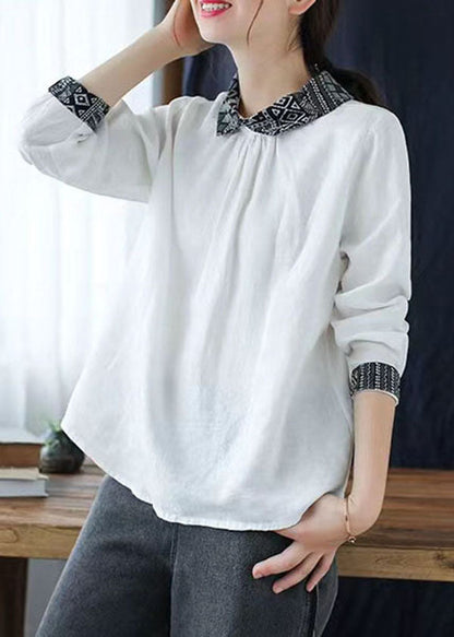 White Peter Pan Collar Patchwork Linen Blouse Tops Spring