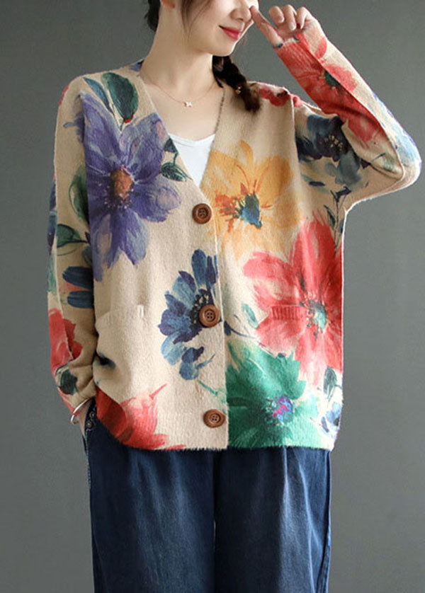 Diy Khaki V Neck Print Mink Hair Knitted Loose Coat Spring Sweater