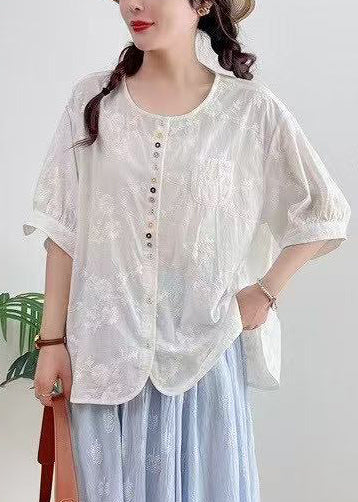 White Oversized Jacquard Cotton Top Summer
