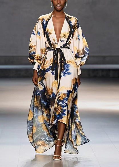 Apricot Tie Waist Print Chiffon Maxi Dresses Fall