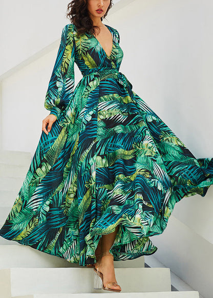 Green V Neck Print Lace Up Cotton Maxi Dresses Spring