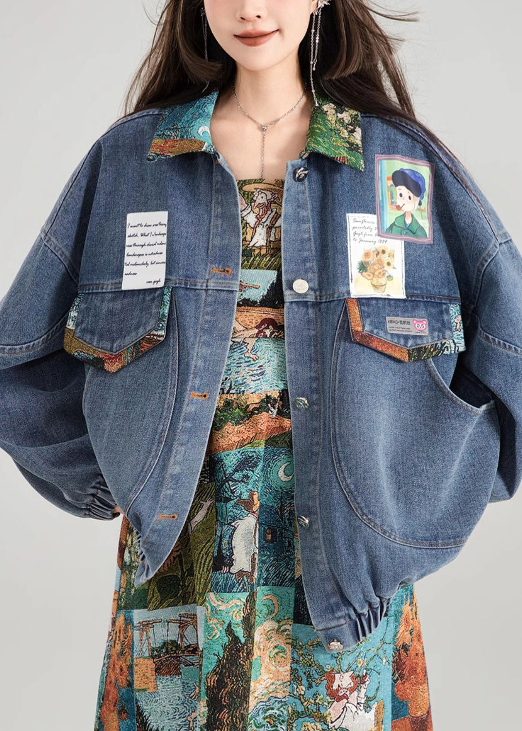 Loose Blue Bow Button Patchwork Denim Coat Spring