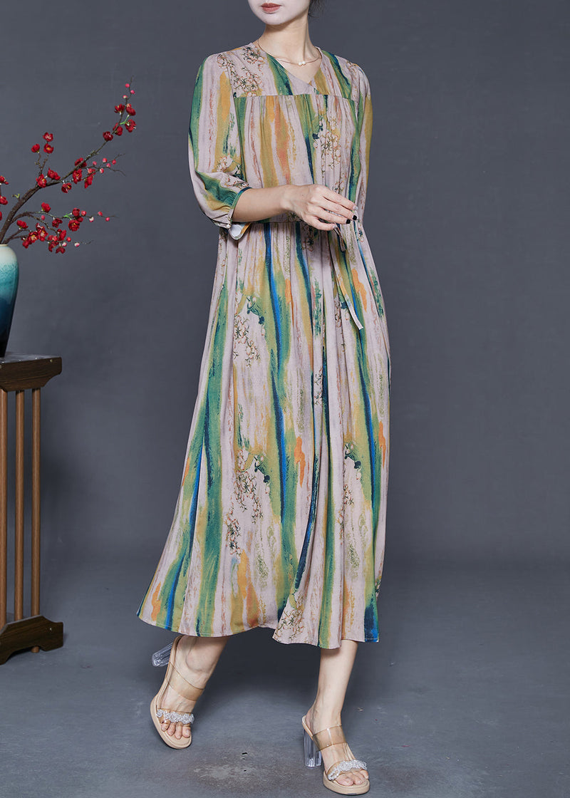 Khaki Cinched Print Silk Dress Summer