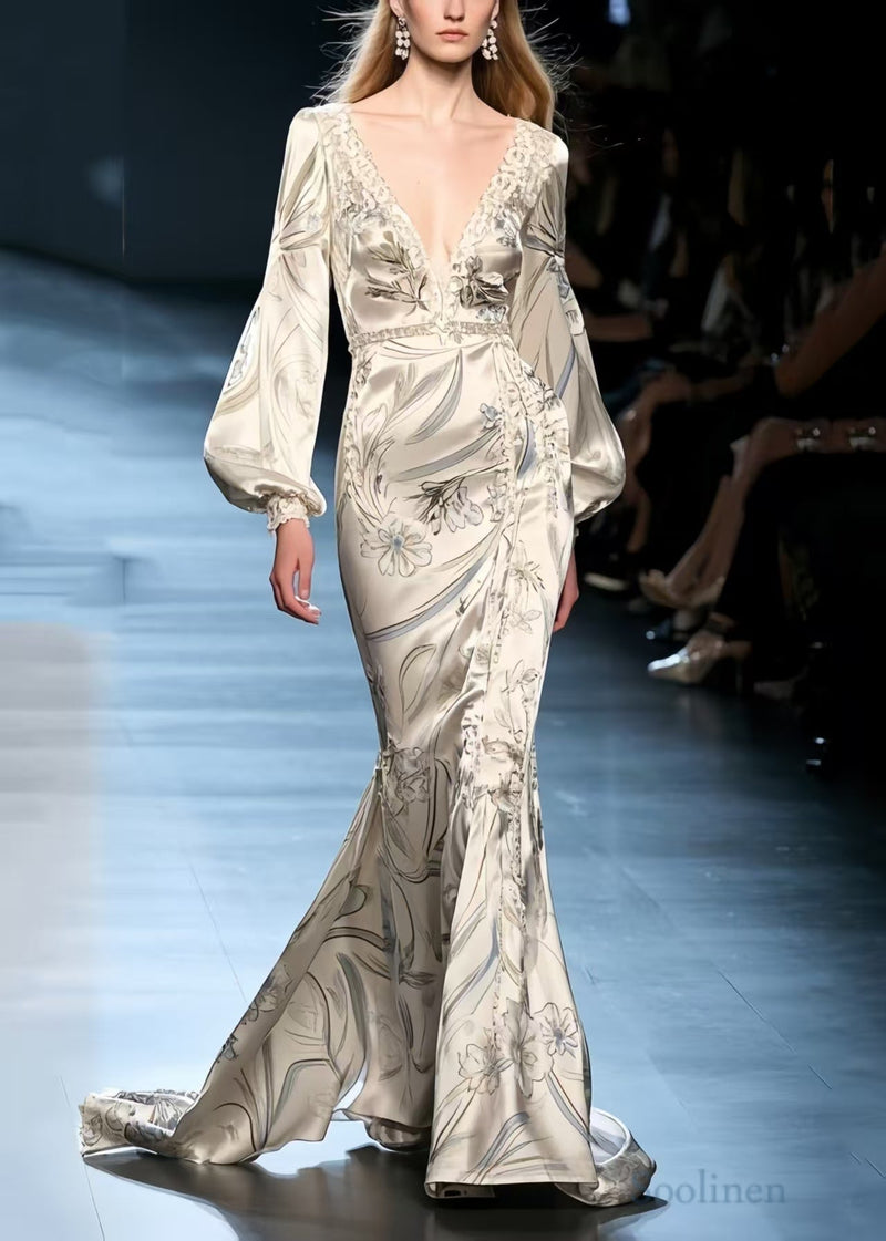 Silm Fit Beige Wraped Print Silk Fishtail Dress Lantern Sleeve