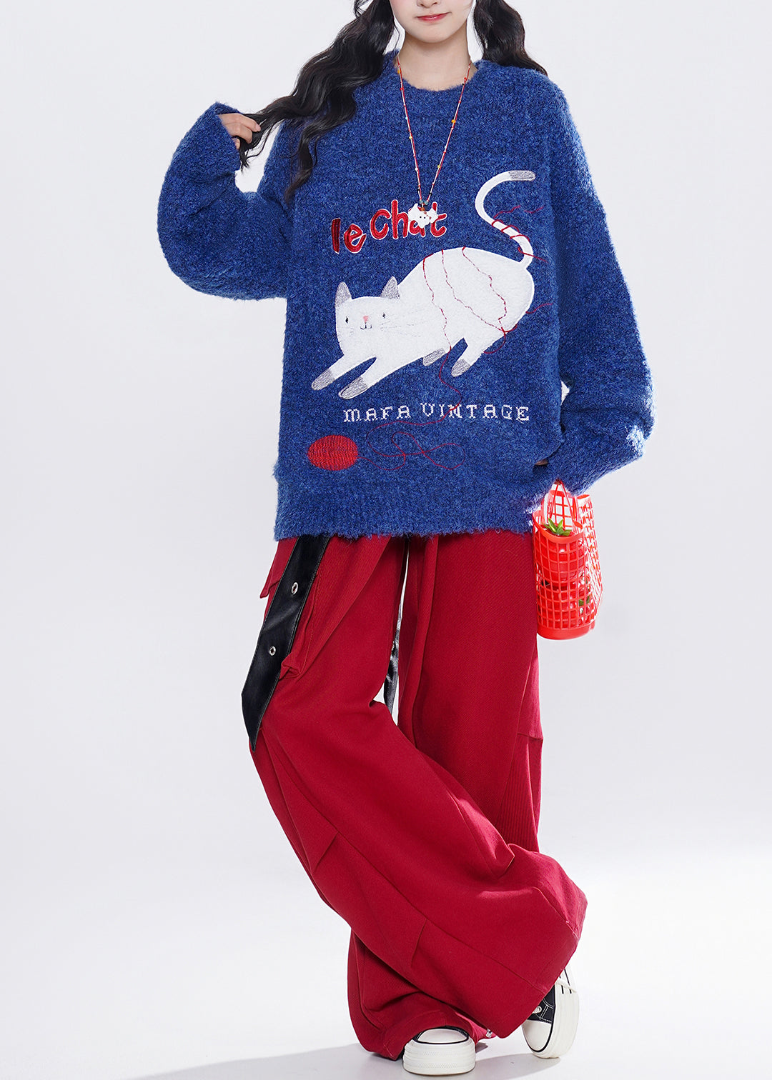 French Blue Embroidered Cat Knit Tops Winter