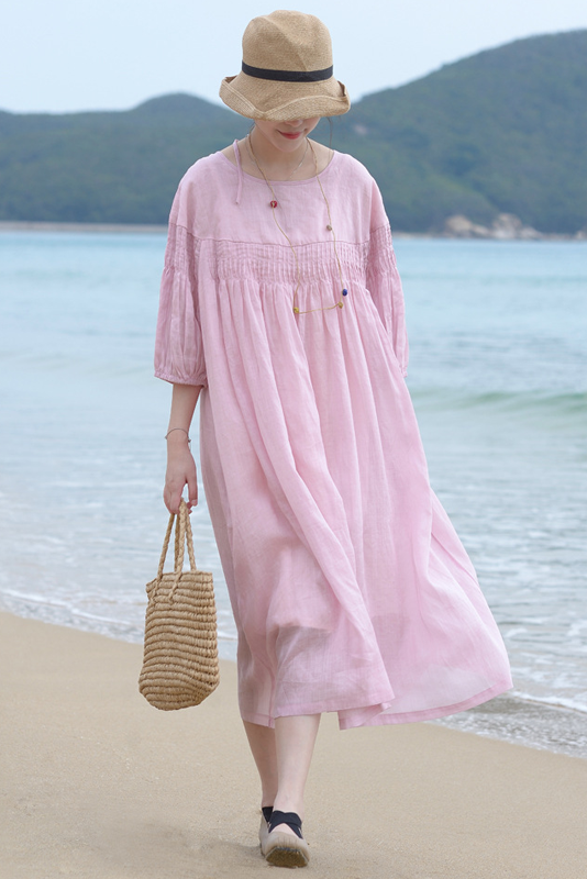 Summer Pleated Cotton Linen Dress Loose Puff Sleeve Long Dress
