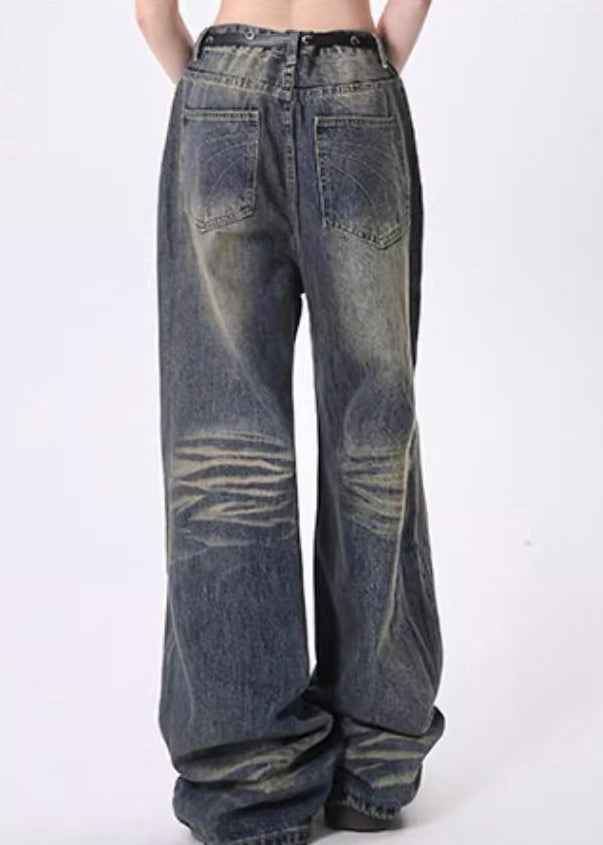 Navy Sequins Patchwork Denim Pants Spring