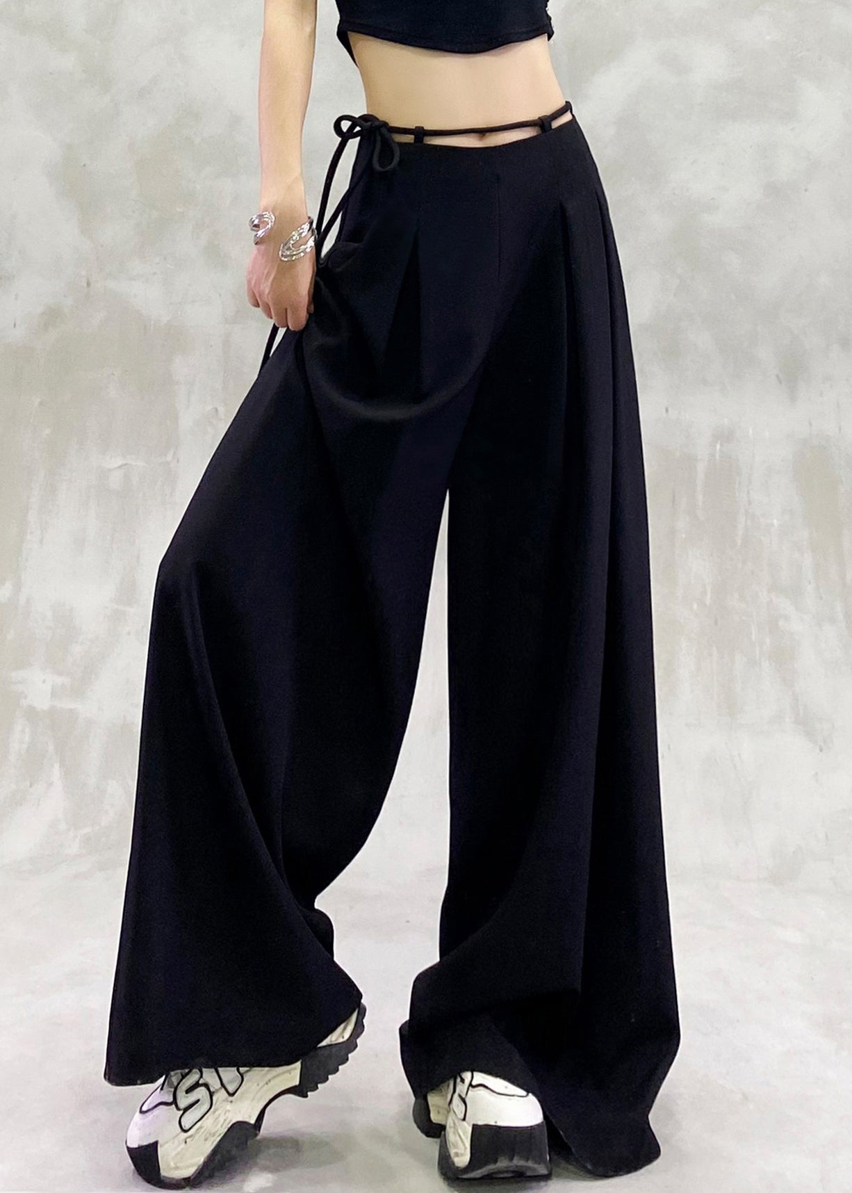 Black Lace Up High Waist Spandex Wide Leg Pants Summer