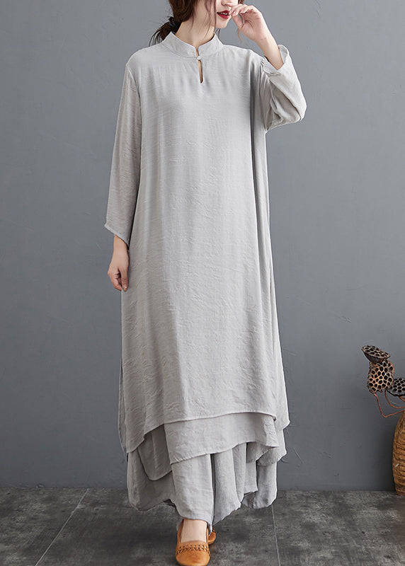Grey Linen Two Piece Set Tops and Pants Clothing Spring Summer
