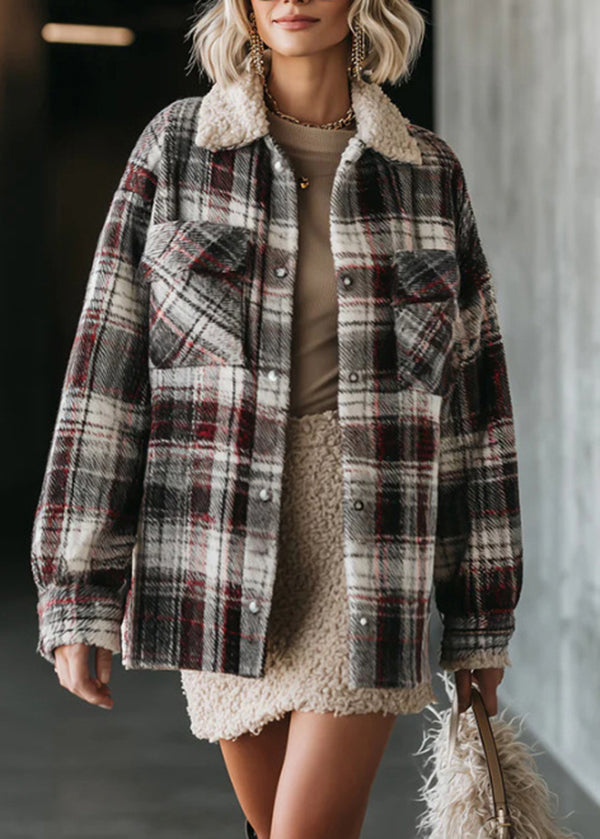 Peter Pan Collar Pockets Plaid Cotton Jacket Fall