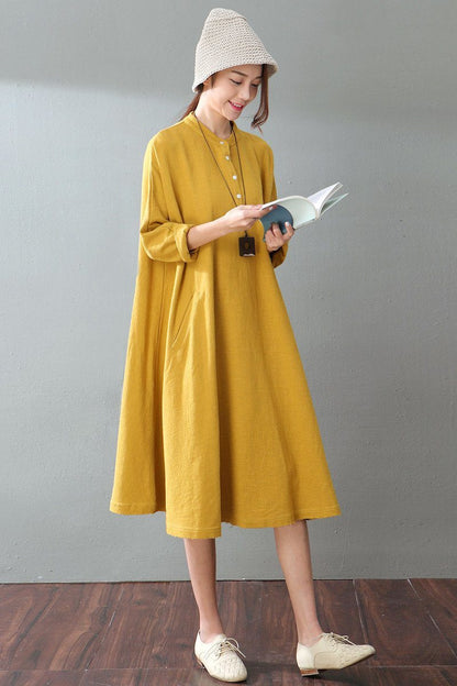 Spring Yellow Cotton Linen Dresses Long Sleeve Shirt Dress Outfits