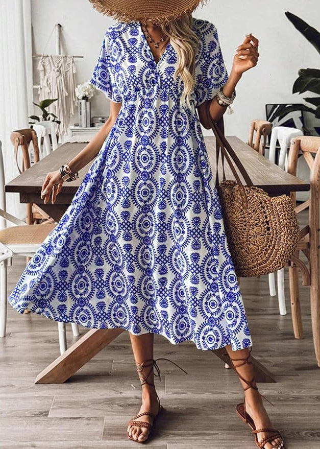 Blue V Neck Print Cotton Vacation Dresses Summer