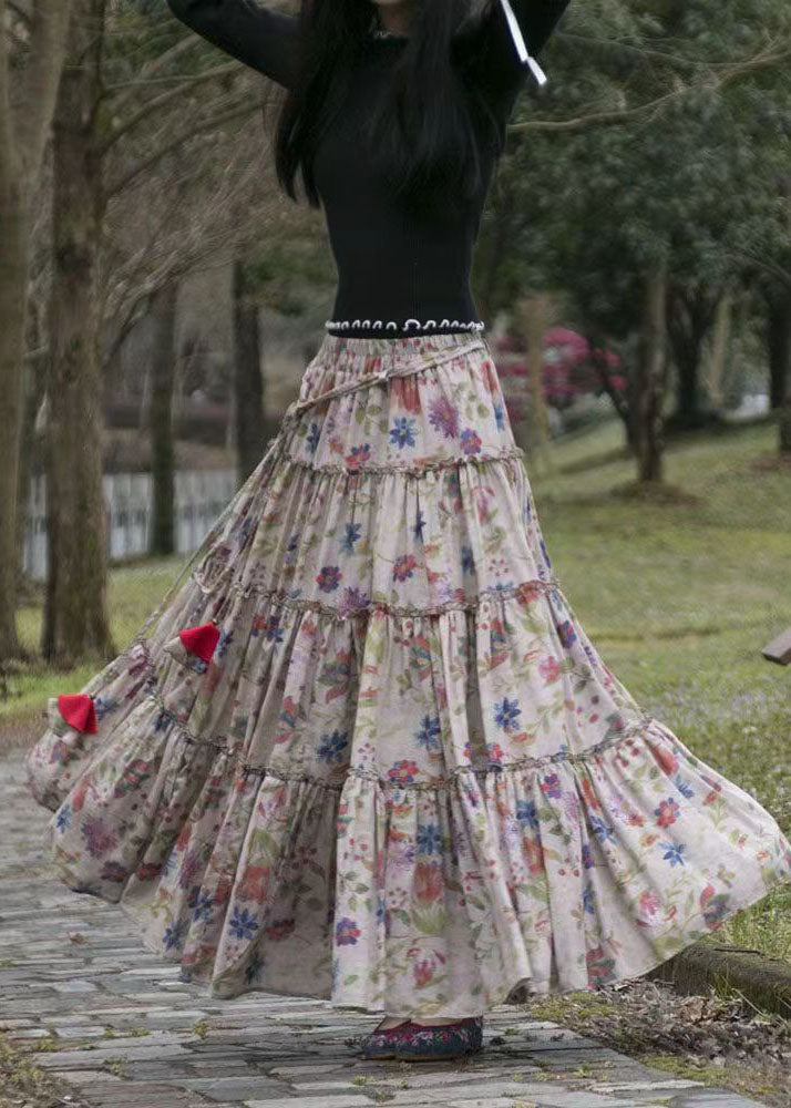 Loose Cinched Print Elastic Waist Patchwork Cotton Skirts Summer
