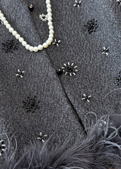 French Grey Sequins Fuzzy Fur Fluffy Waistcoat Fall