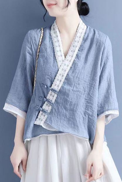 Summer Lace Slanted Button Shirt Lace-up 3/4 Sleeve Tops