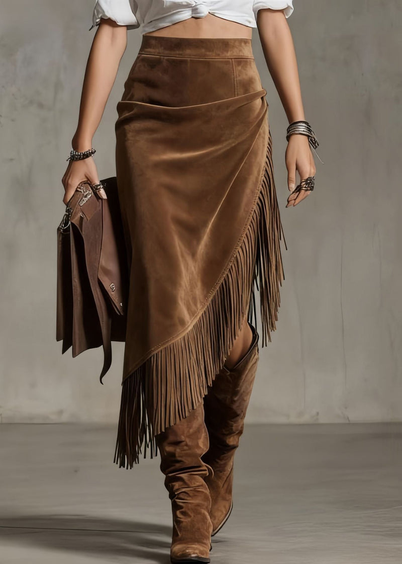 Chocolate Asymmetrical Tasseled High Waist Faux Suede Skirt Spring