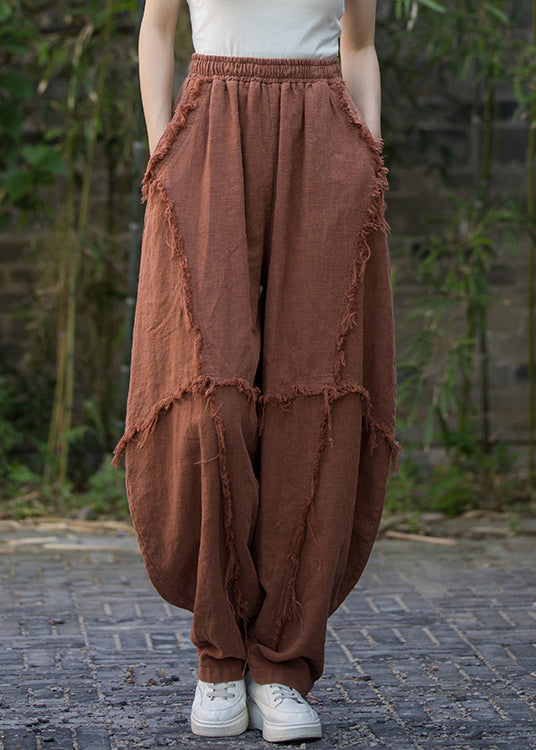 Brick Red Pockets High Waist Linen Pants Summer