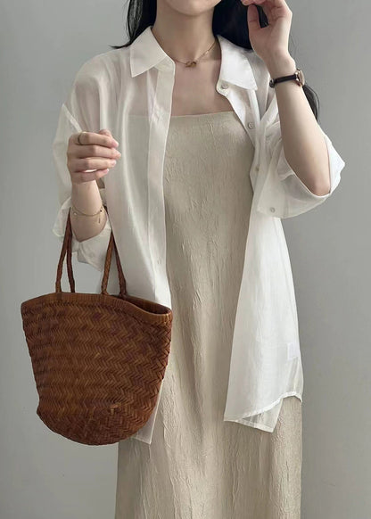 New White Lace Up Button Silk Shirt Long Sleeve