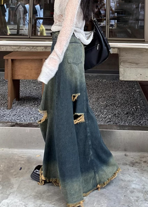 Denim Blue Hole High Waist Skirts Fall