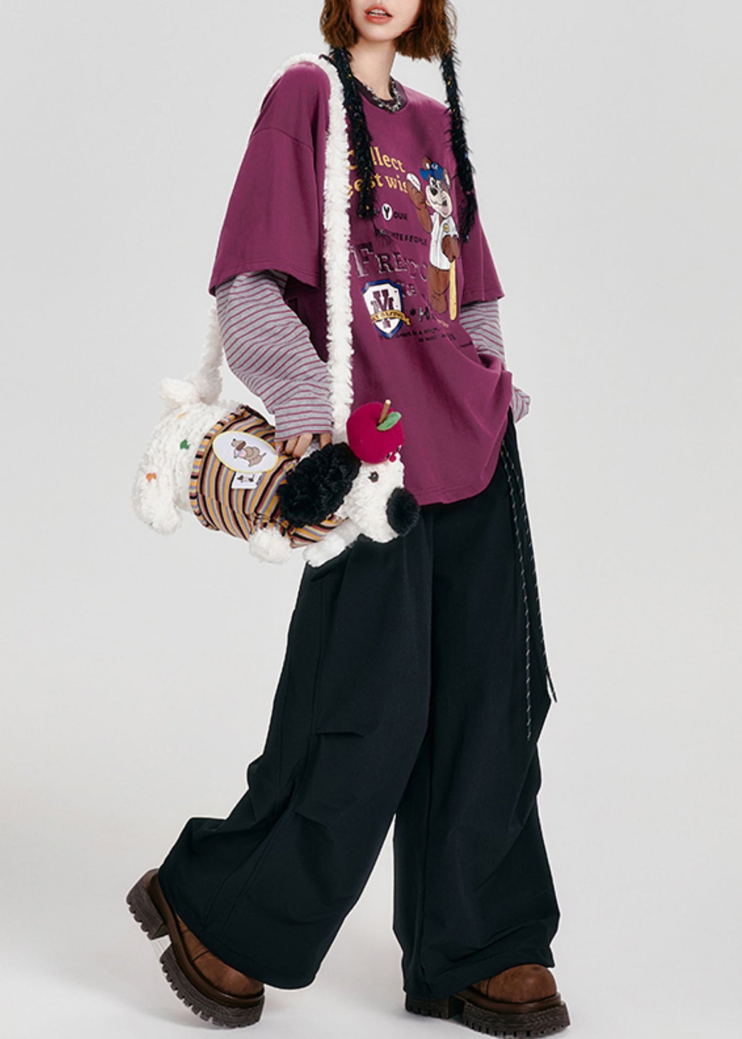 Purple Oversized Patchwork Cotton Fake Two Piece Pullover Tops Spring