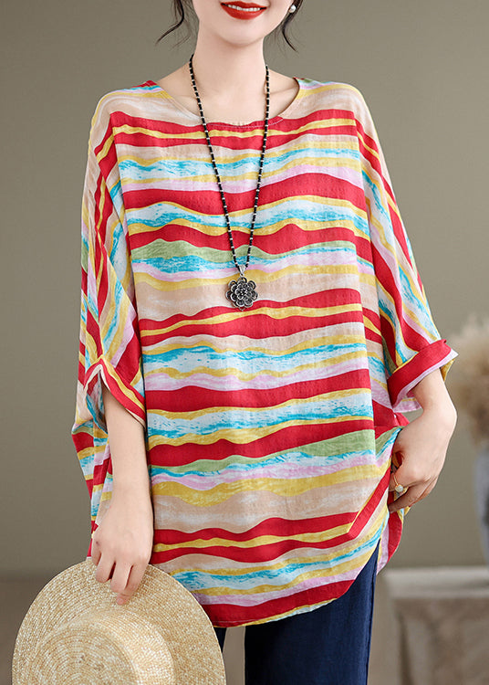 Red O Neck Striped Cotton Blouse Tops Batwing Sleeve