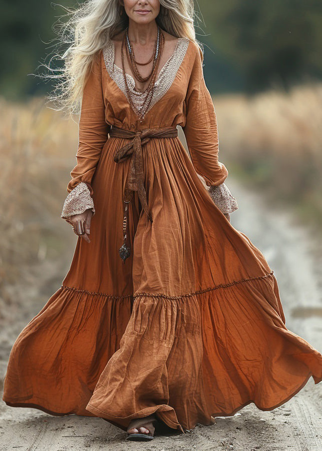 Pastoral Style V-neck Lace Patchwork Long Dress Spring