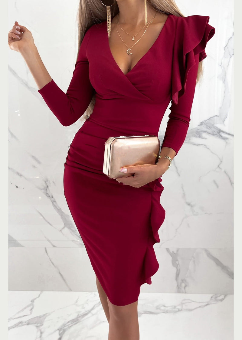 Khaki V Neck Ruffled Patchwork Cotton Dresses Fall