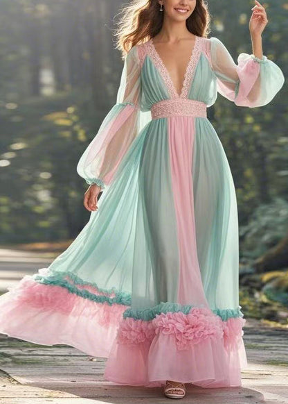 Green V Neck Ruffled Patchwork Chiffon Long Dress Spring