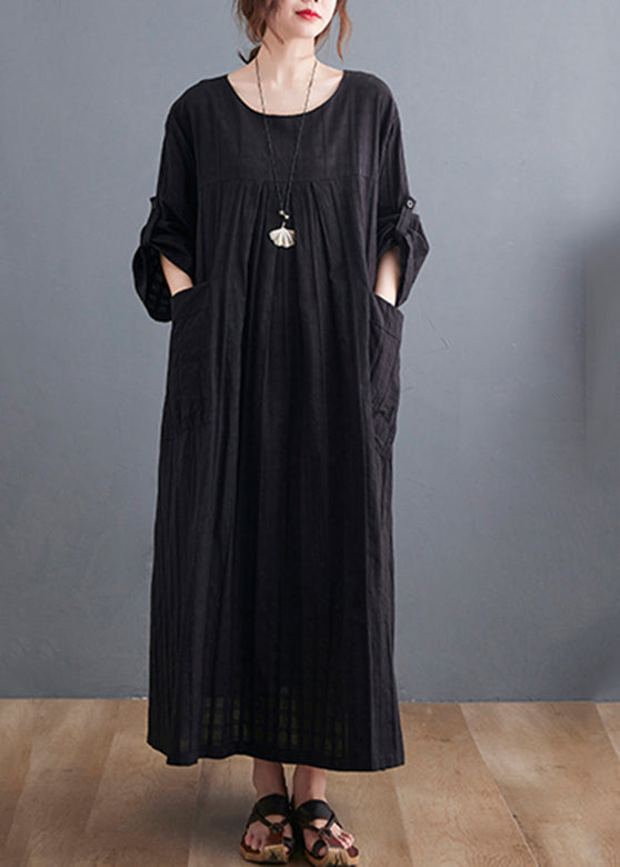 Loose Black O-neck Patchwork Pockets Maxi Dress Bracelet Sleeve