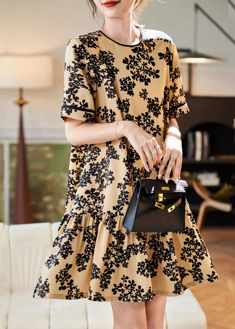 Apricot O-neck Print Patchwork Chiffon Mid Dress Summer