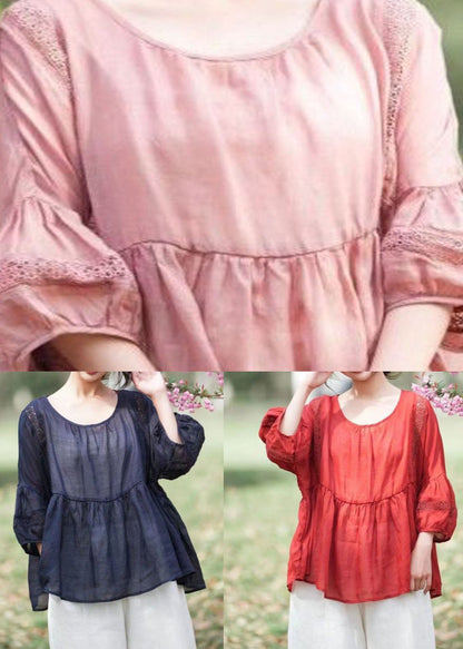 Navy Hollow Out Embroidered Patchwork Linen Tops Summer