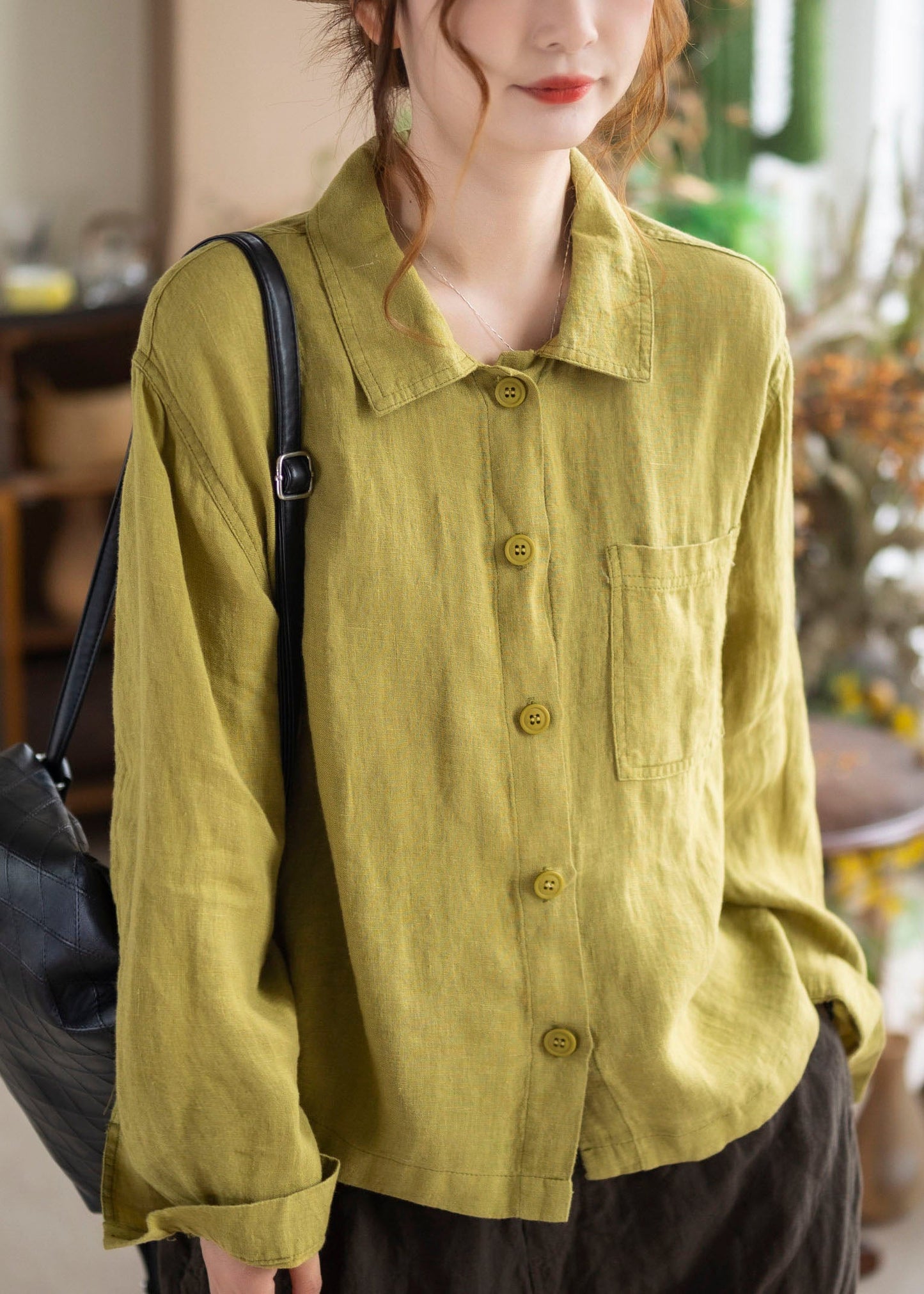 Unique Red Peter Pan Collar Button Linen Shirts Long Sleeve