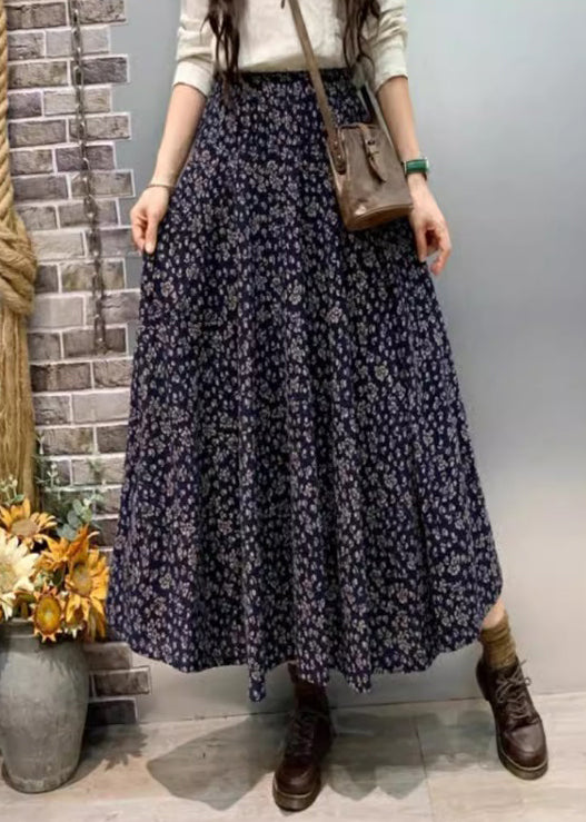 Navy Pockets Elastic Waist Cotton Skirt Fall