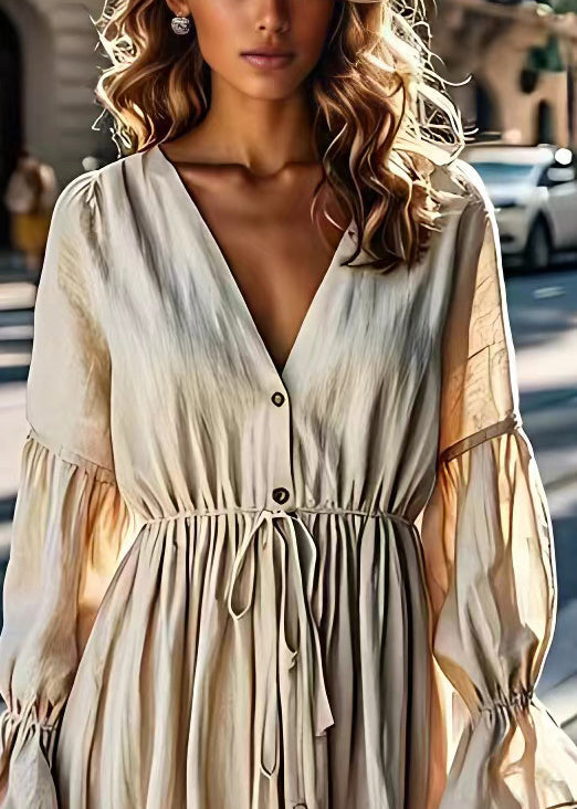 Beige V Neck Drawstring Linen Dress Flare Sleeve