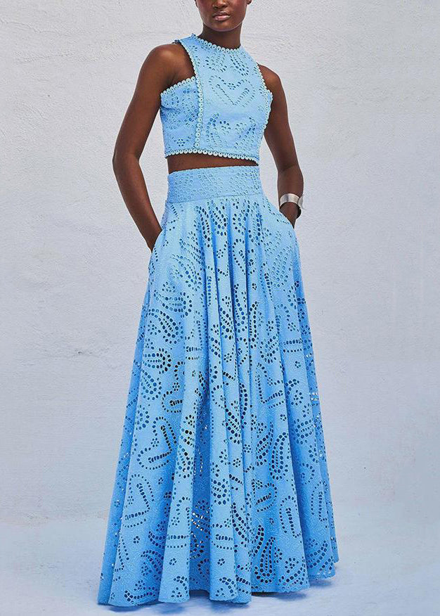 French Blue Hollow Out Tops and Skirts Cotton Two Piece Set Sleeveless
