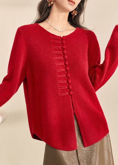 Chinese Style Red O-neck Button Cozy Cotton Knit Cardigans Spring