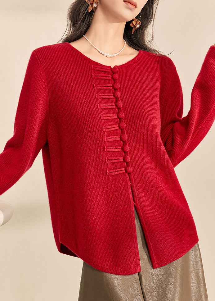 Chinese Style Red O-neck Button Cozy Cotton Knit Cardigans Spring