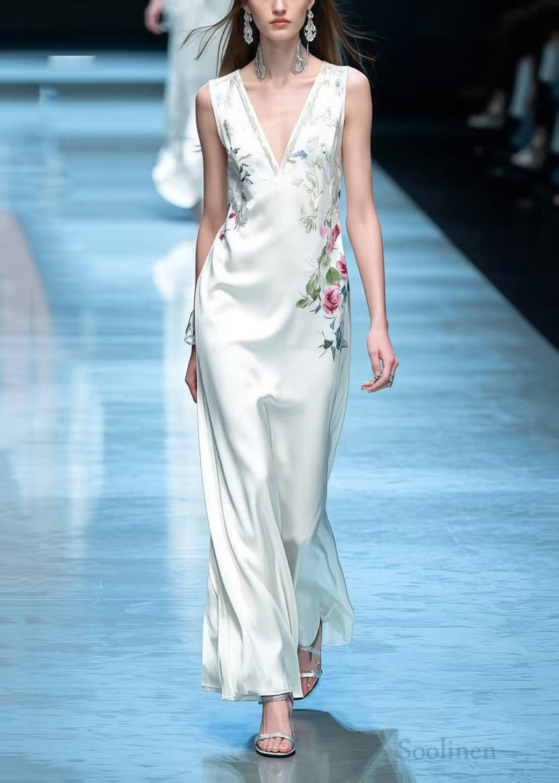 White V Neck Silk Straight Dress Sleeveless