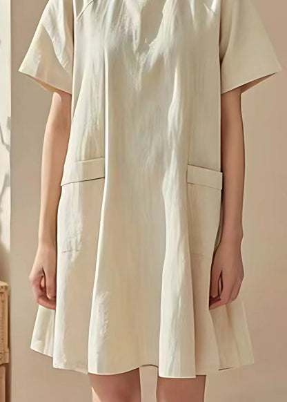 Beige O Neck Pockets Cotton Mid Dresses Summer