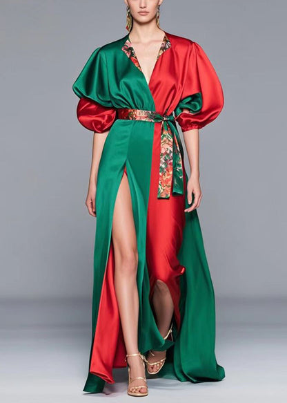 Colorblock Cinched Patchwork Side Open Silk Full Dress Summer