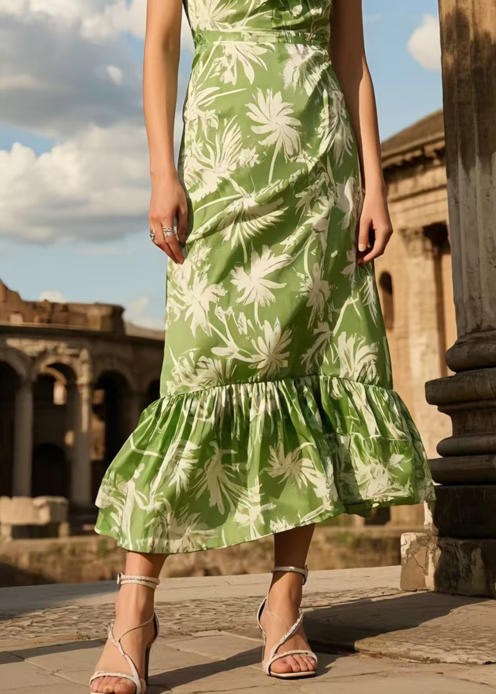 Green Ruffled Print Silk Long Dresses Summer