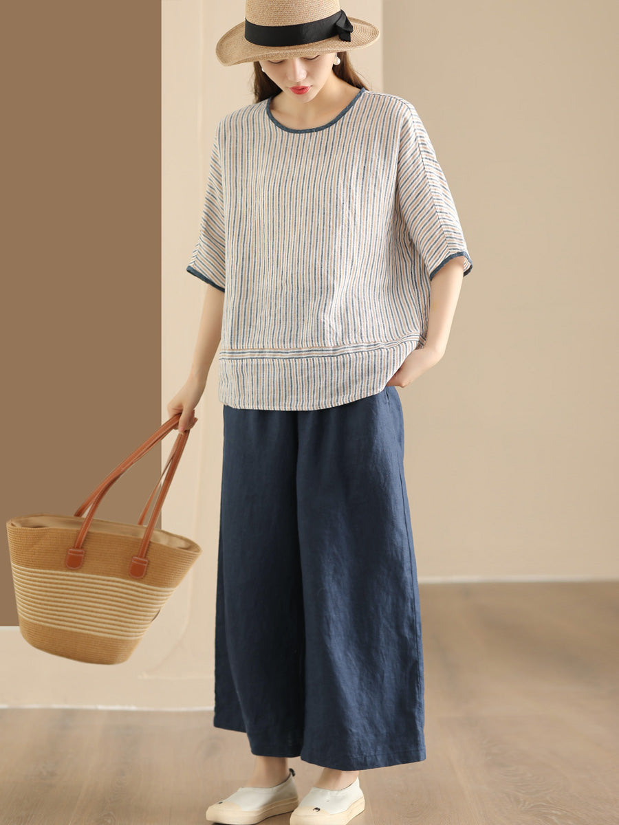 Summer Stripe Spliced Linen Shirt