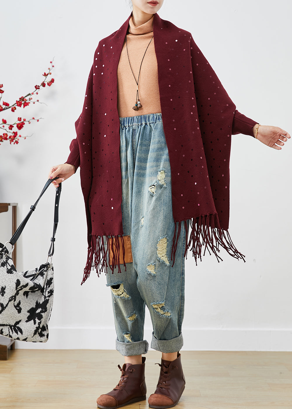 Mulberry Sequins Tasseled Knit Cardigan Winter
