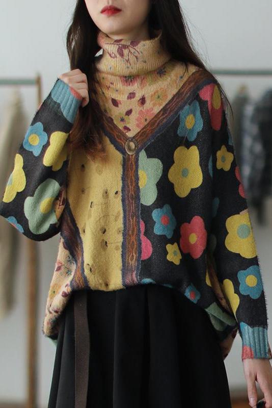 Color Contrast Flower Turtleneck Sweater