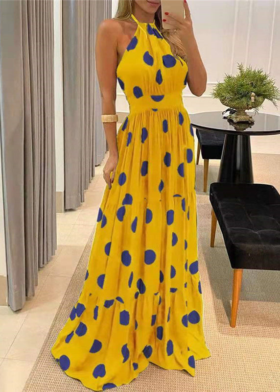 Black Dot Print Wrinkled Cotton Maxi Dresses Sleeveless