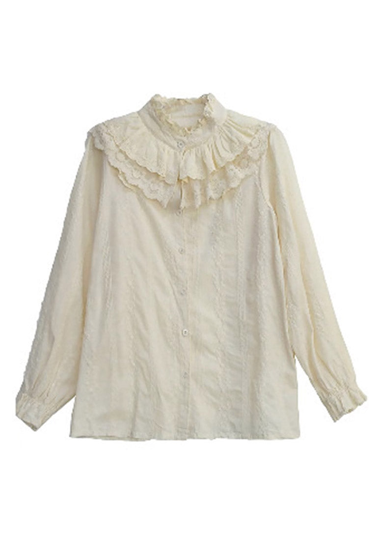 Jacquard White Ruffled Embroidered Lace Patchwork Button Cotton Shirt Long Sleeve