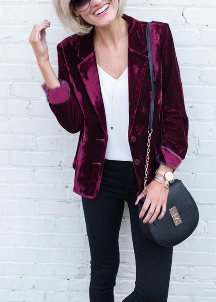 Blackish Green Notched Pockets Velvet Suit Coat Fall